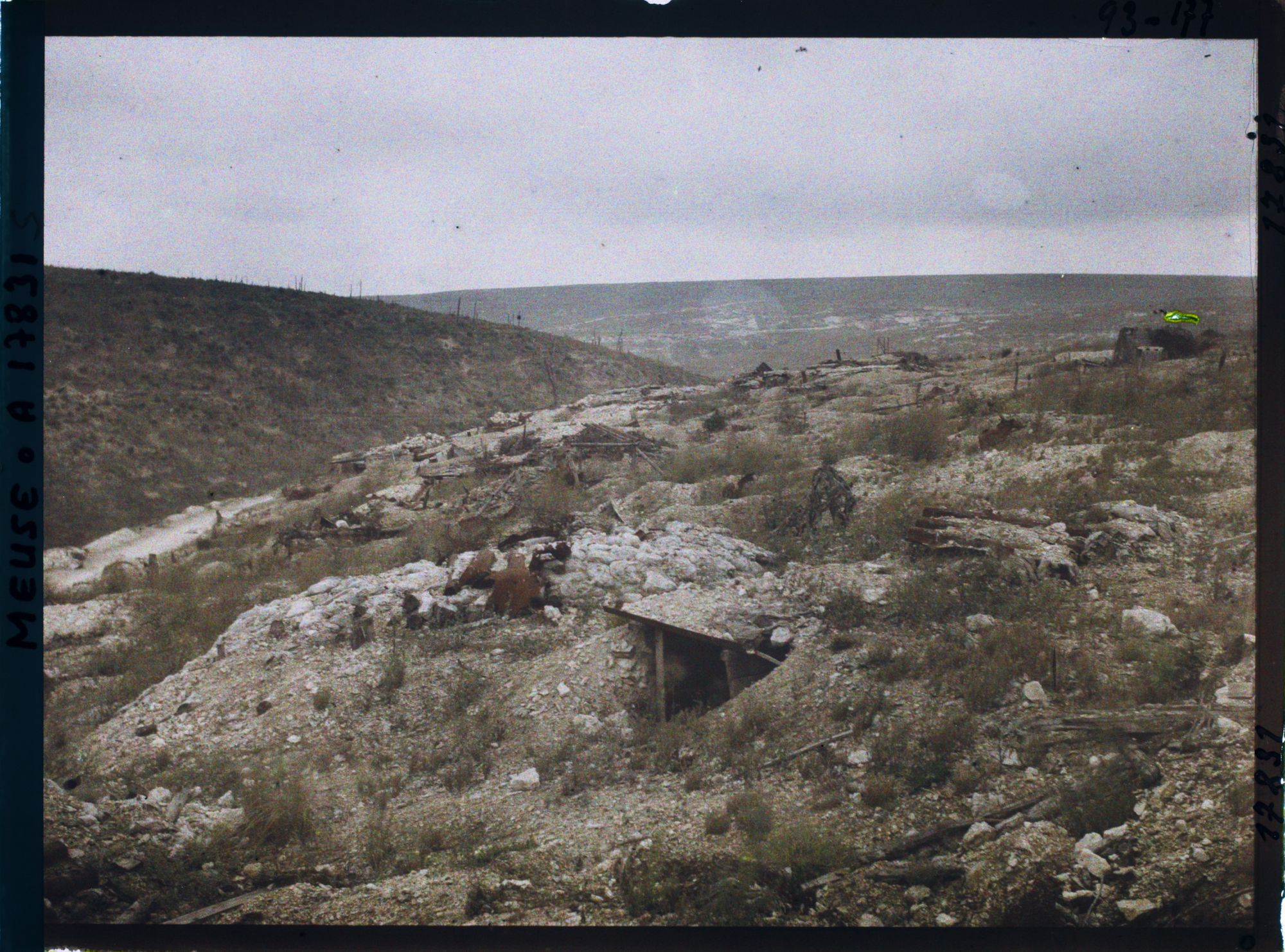 Image représentant France, Haudremont Carrières, Panorama sur la Cote du Poivre, au 1er plan tranchées et abris bouleversés par les obus
