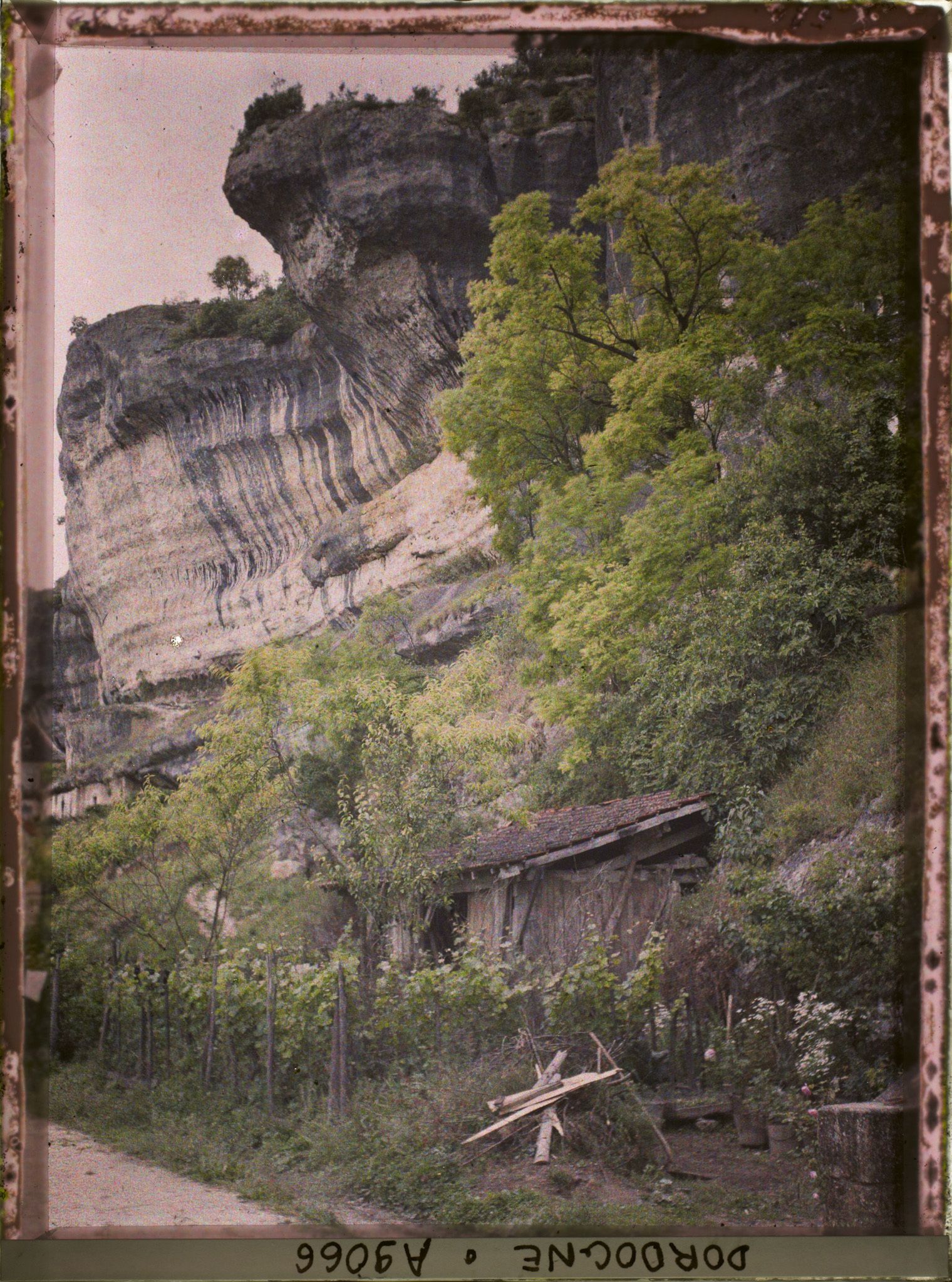 Image représentant France, Les Eyzies (Dordogne), Le rocher de la Penne qui fait coin entre le Vallon de la Mouthe et la Vézère