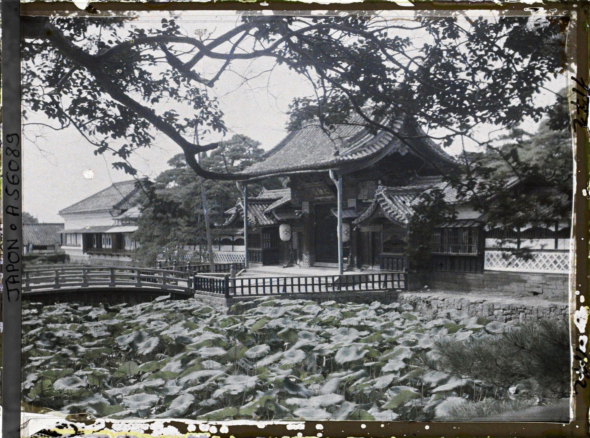 Image représentant Temple Zenko-ji : entrée du Daikanshin (résidence de l'abbé) et son pont enjambant l'étang Hosyo-ike