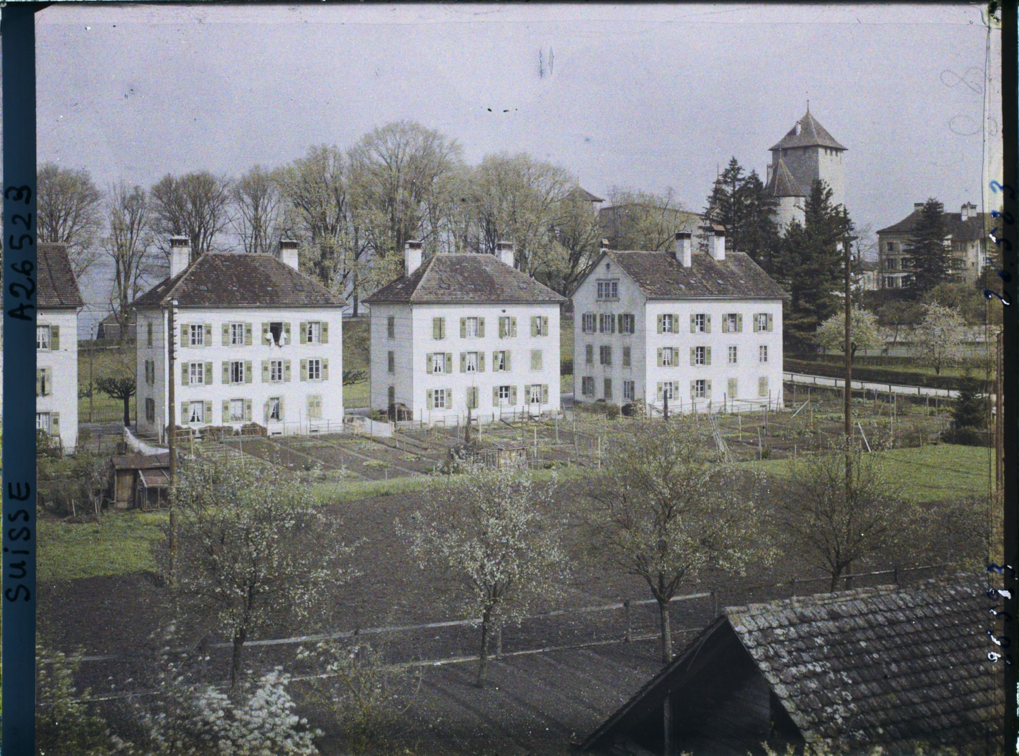 Image représentant Un quartier de maisons modernes devant le château de Morat