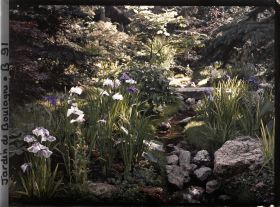 Image représentant Pont de pierre puis pont rouge enjambant un ruisseau du " sanctuaire japonais " bordé d'iris