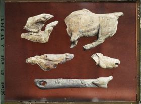 Image représentant France, St Germain-en-Laye, Mas d'Azil (Ariège) Crâne de Cheval 47026. Bison, partie supérieure de Crâne de Cheval-Petite tête de Cheval, 47343. Tout est en pal. de Renne. Fragment de propulseur 47096.