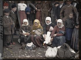 Image représentant Groupe de femmes sur la place du marché tenant sur leur genoux des poules et des canards