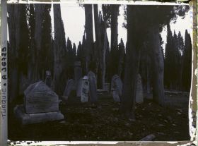 Image représentant Cimetière de Karacaahmet ou Büyük Mezaristan ("Grand cimetière"),  tombes et colonnes funéraires dans un bois de cyprès