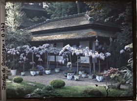 Image représentant Maison est du " village japonais " ornée de glycines en pots fleuries