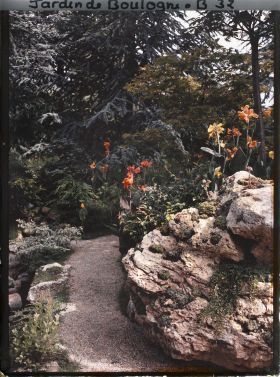 Image représentant Roches et cannas au bord d'un chemin du " sanctuaire japonais " longeant un cours d'eau