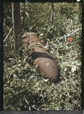 Image représentant Un obus allemand de 210 millimètres, non éclaté, découvert par des agriculteurs