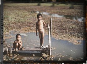 Image représentant Des enfants à la baignade dans un étang partiellement recouvert de liserons d'eau