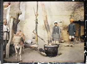 Image représentant Un moulin à huile entraîné par un bœuf aux yeux bandés