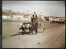 Image représentant Espagne, Astorga, Un tombereau de fumier attelé de 2 Taureaux noirs.