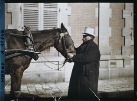 Image représentant France, Reims, Un Cocher calme son cheval pendant le bombardement