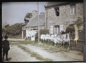 Image représentant La rue de l'Eglise (aujourd'hui rue du Maréchal Joffre) décorée pour la procession de la Fête-Dieu
