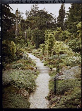 Image représentant Chemin du " sanctuaire japonais " menant au sôrintô, bordé de rocailles, arbres et bambous