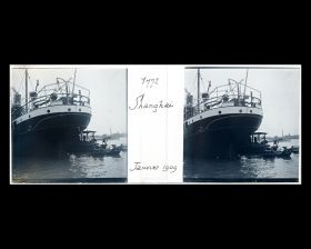 Image représentant La poupe du Staatssekretär Kraëtke de la Hamburg-Amerika Linie, amarré au quai de la Melchers and Co sur le Huangpu.