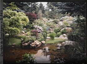 Image représentant Glycine au bord de l'eau et butte fleurie du " sanctuaire japonais ", peu éloignée de la façade de temple