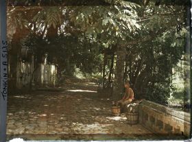 Image représentant La cour intérieure du temple de Linh-lang, à droite, sa palanche à ses pieds, un enfant assis au bord du bassin