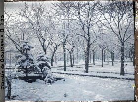 Image représentant Le verger-roseraie sous la neige traversé du nord au sud par une allée proche de la dépendance