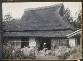 Image représentant Vieille femme à l'épluchage du riz devant une maison de cultivateurs