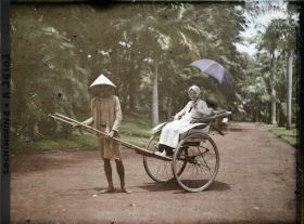 Image représentant Jeune femme en pousse-pousse à roues caoutchoutées, dans le jardin botanique