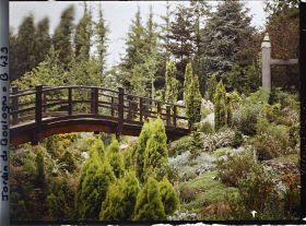 Image représentant Conifères dans un vallon rocailleux du " sanctuaire japonais " enjambé par un pont proche du sôrintô