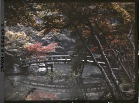 Image représentant Temple d'Eikan-dô Zenrin-ji : l'étang du Hôjô et le pont menant au sanctuaire shintô Benten-sha