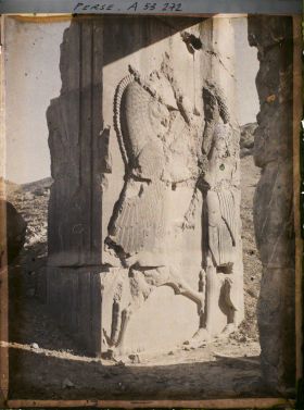 Image représentant Bas-relief représentant Darius 1er luttant contre un animal fabuleux, palais des cent colonnes