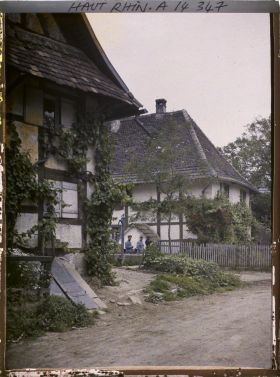 Image représentant Alsace, Wolfersdorf, Deux maisons dont une avec roses rouges et l'autre avec vigne.