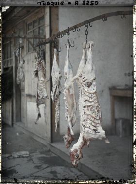 Image représentant Dans une boucherie, carcasses d'agneaux décorées de pétales de roses, de morceaux de papier décorés