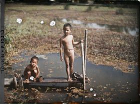 Image représentant Des enfants à la baignade dans un étang partiellement recouvert de liserons d'eau