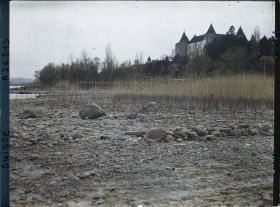 Image représentant Site palafittique préhistorique des Alpes, pieux en bois visibles lors de la baisse des eaux après la grande sécheresse de 1921. Le château de Grandson.