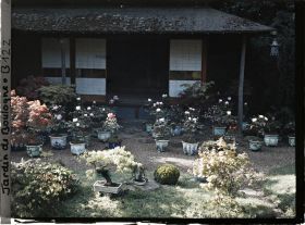 Image représentant Maison est du " village japonais ", ornée de pivoines en pots fleuries et de bonsaïs d'érables