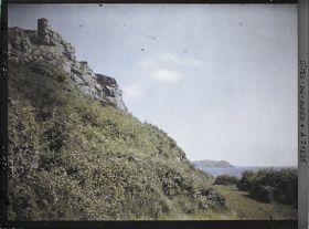 Image représentant Roches et végétation sur la pointe du Château ; à l'arrière-plan, l'île Tomé