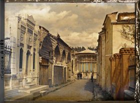 Image représentant Rue et bâtiment semi-circulaire (mausolée) dans le cimetière de l'Eyüp Sultan Camii