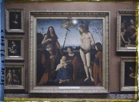 Image représentant La Vierge à l'Enfant avec saint Jean-Baptiste et saint Sébastien et deux donateurs, dite Pala Casio, Boltraffio, musée du Louvre