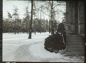 Image représentant la grande pelouse enneigée vue depuis la maison d'Albert Kahn