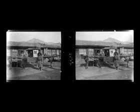 Image représentant Un palanquin attelé à deux mulets devant une rangée de bâtiments.