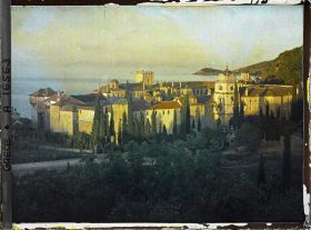 Image représentant Turquie, Esphigménou, Le monastère et le Golfe d'Esphigménou au Coucher du soleil