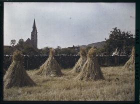 Image représentant L'église et gerbes de pailles