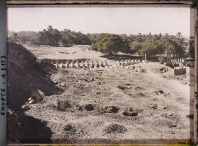 Image représentant Vue sur l'allée bordée de 40 béliers menant à l'entrée du temple de Karnak