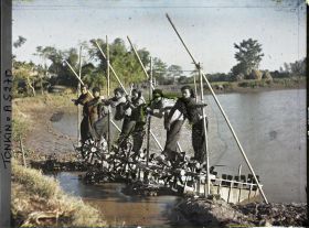 Image représentant Des hommes utilisant des machines actionnées au pied, système élévatoire d'eau pour l'irrigation du riz