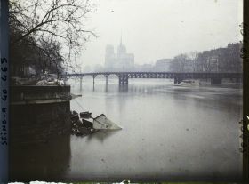 Image représentant La crue de la Seine au pont de la Tournelle (passerelle provisoire en bois pour sa reconstruction) et la cathédrale Notre-Dame