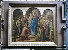 Image représentant La Vierge et l'Enfant entourés d'anges, de saint Frediano et de saint Augustin, dite Pala Barbadori, Lippi, musée du Louvre