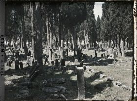 Image représentant Tombes et colonnes funéraires dans le cimetière de Karacaahmet ou Büyük Mezaristan ("Grand cimetière") au milieu d'un bois de cyprès