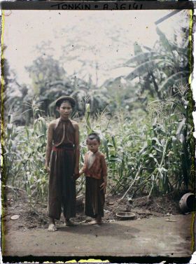Image représentant Une jeune femme et un enfant devant un champ de maïs