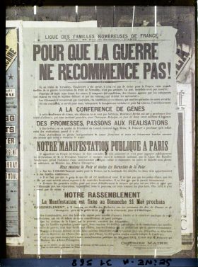 Image représentant Affiche de la Ligue des familles nombreuses de France, appel à une manifestation pacifique pour l'application du traité de Versailles