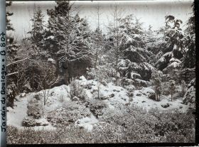 Image représentant Croisement de chemins et rocaille du " sanctuaire japonais " en hiver, près du verger-roseraie