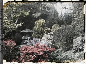 Image représentant Lanterne du " sanctuaire japonais " blottie dans un massif fleuri proche du verger-roseraie