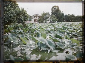 Image représentant Le temple Ngoc-so'n (appelé par les Européens "Pagode des Pinceaux"), situé sur "l'île de Jade" du Petit Lac couvert de lotus