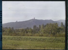 Image représentant France, Environs Schlestadt, Les deux Châteaux de Ramstein (a.g.) d'Ortenburg (au milieu) au dessus de Scherwiller, Vignes de plaine au 1er plan