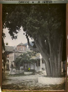 Image représentant Mont Athos, Grande Lavra, Une partie de la Cour et un gros Cyprès